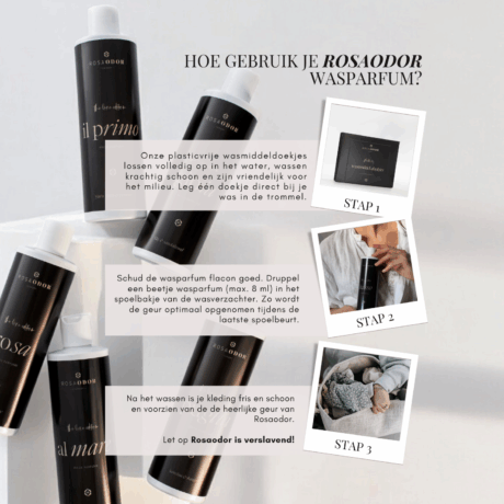 stappenplan hoe je Rosaodor wasparfum en plasticvrije wasmiddel-doekjes gebruikt: doekje in de trommel, wasparfum in het spoelbakje, en genieten van heerlijk geurende was.