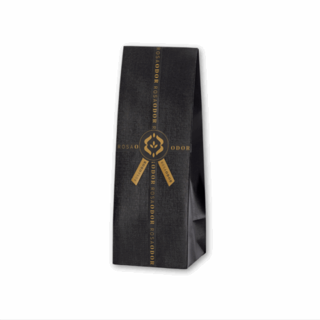 Luxe zwarte cadeauverpakking van Rosaodor met gouden lintprint, geschikt voor geurproducten.